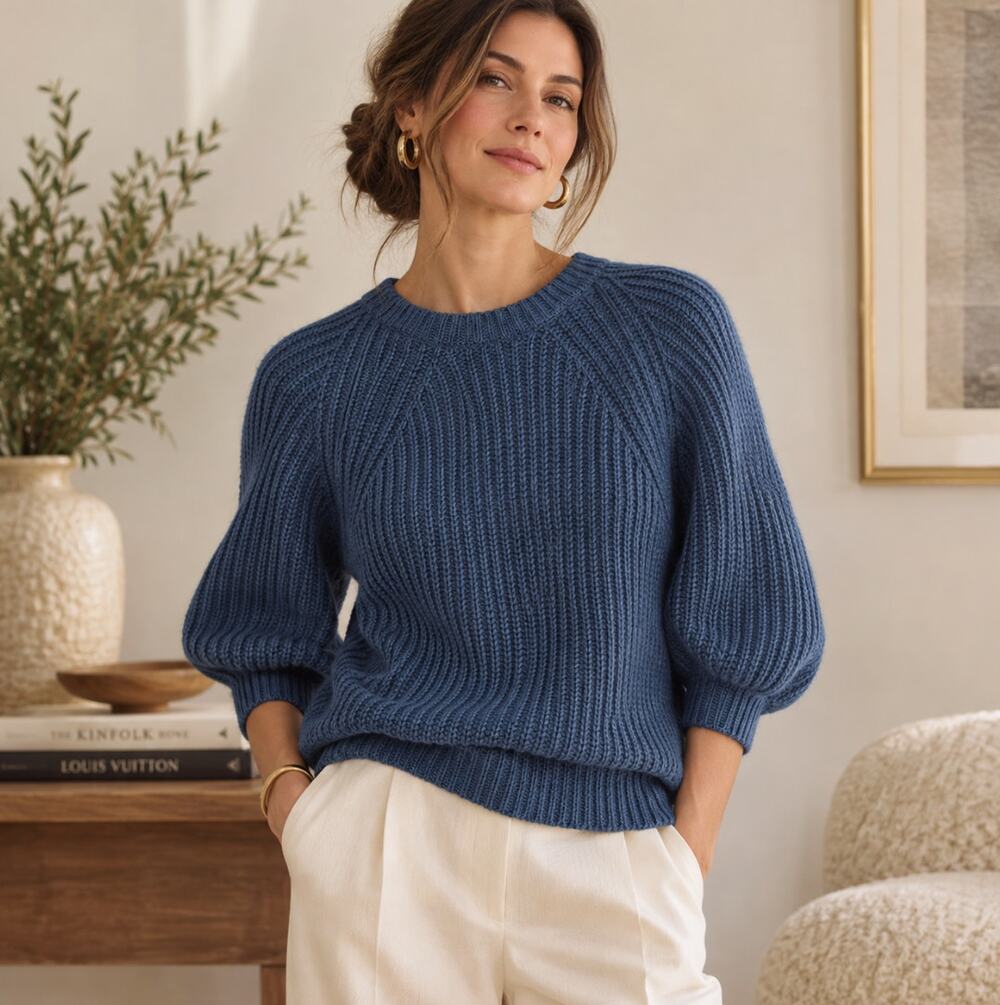 APIECE APART Chunky Cotton Ribbed Short Sleeve Sweater Blue Sz M $445 {QQ18}